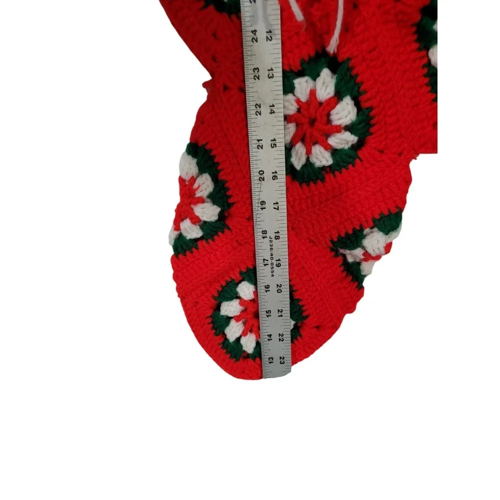 Vintage Crochet Granny Square Christmas Holiday Stocking White Red Green 19